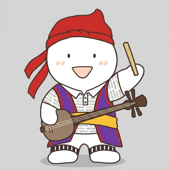 Okinawa JALT mascot celebrating with a shamisen and drumstick