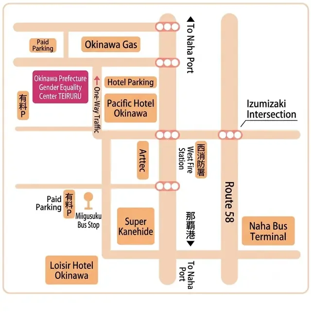 Neighborhood map showing TIRURU location near Izumizaki Intersection, Pacific Hotel Okinawa, and Naha Bus Terminal