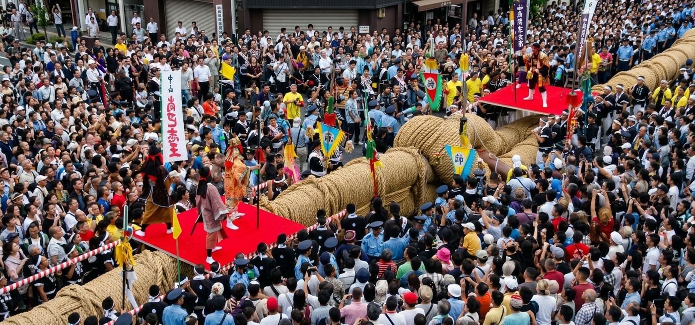 Crowds gathered around the giant straw rope at the Naha Great Tug-of-War Festival